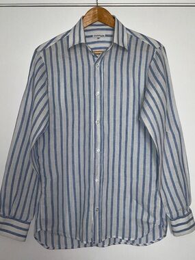 Linen Button-Down Shirt in Blue and White